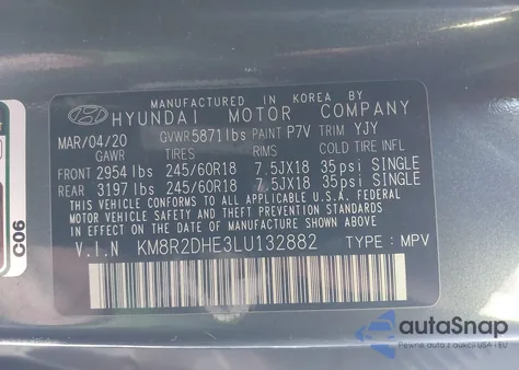 2020 Hyundai Palisade Sel z USA, uszkodzony, nr VIN KM8R2DHE3LU132882